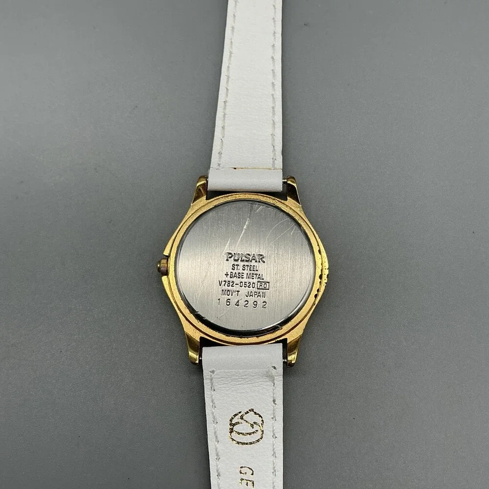 Pulsar V782-0E30 Womens Watch 28mm Gold Tone White Leather New Battery